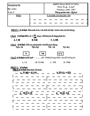 Đề và đáp án kiểm tra chất lượng môn Toán lớp 5 - Năm học 2016-2017